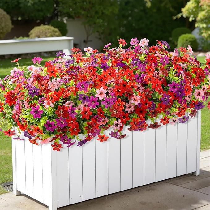 SHareconn 24 Bundles Artificial Flowers for Outdoor Spring Decorations, Realistic Fake Silk Plants UV-Resistant for Outdoor Planters,RedBrownPurpleDeepPurpleOrangePink