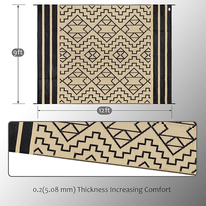 SAND MINE Reversible Mats, Plastic Straw Rug, Modern Area Rug, Large Floor Mat and Rug for Outdoors, RV, Patio, Backyard, Deck, Picnic, Beach, Trailer, Camping (9' x 12', Black & Beige)