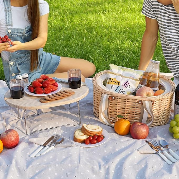 Picnic Basket Set for 2 - Wicker Insulated Picnic Basket with Waterproof Blanket, Folding Wine Picnic Table & Cutlery Kits, Picnic Baskets Kit for Camping, Outdoor, Valentine (White Flower)