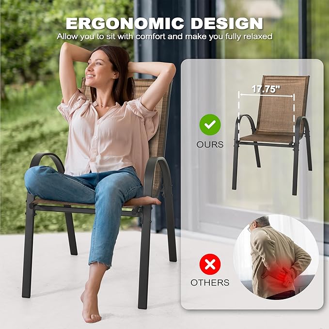 NUU GARDEN Set of 4 Patio Dining Chairs Outdoor Stackable Chairs with High Back All Weather Textilene Seats Metal Frame Breathable Garden Chairs for Deck Backyard Brown