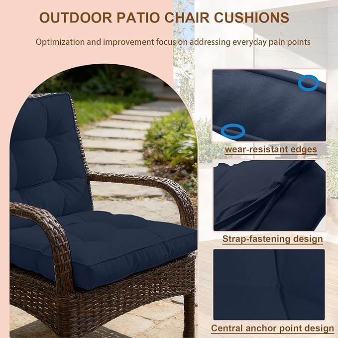 2 Piece Outdoor Patio Chair Cushions, Fade Resistant Outdoor Cushions for Patio Furniture, 6 inch Thickened Rocking Chair Cushions Set (Navy Blue, 24x24x6 inch - 2 Pieces)
