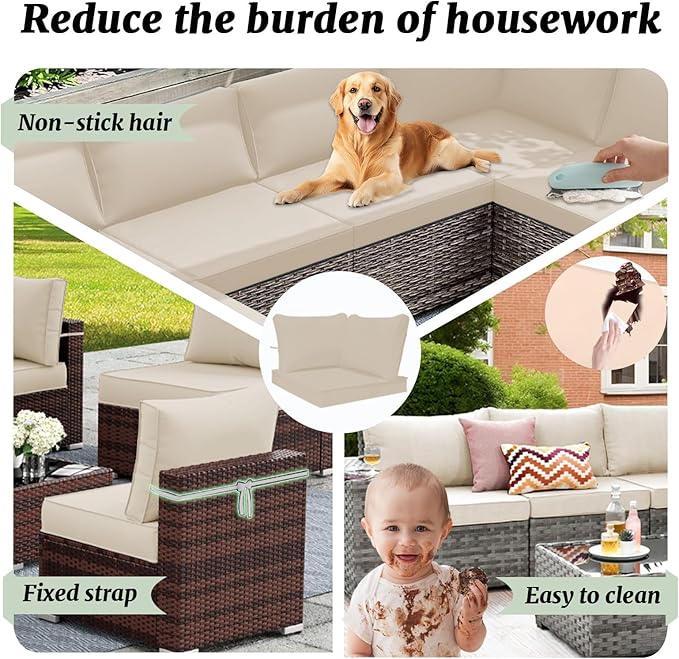 Outdoor Sectional Cushions Replacement Set, 26x26in Patio Furniture Cushions, 14 Pieces Waterproof Outdoor Couch Cushion for 6 Seat Wicker Conversation (Khaki 15" Height)