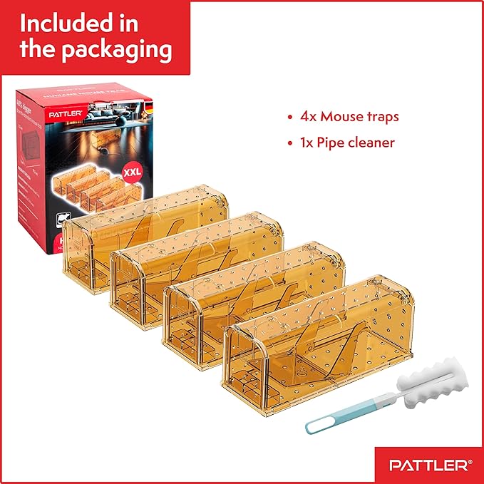 PATTLER® | New Large Humane Mouse Trap for Indoor and Outdoor Home | Mechanical Reusable Live Mouse Traps Catch and Release Mice from Garden, Garage, Attic, Inn, Hotel | Orange | Pack of 4