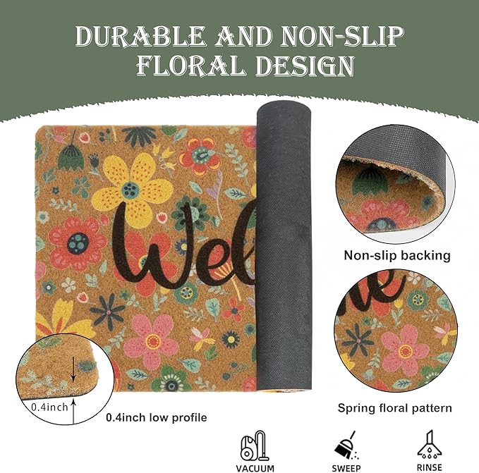 Spring Floral Welcome Mats for Front Door, Indoor, Outdoor, Entryway, Faux-Coir Seasonal Thin Doormat 17"X30", Outdoor-Porch-Rug Non-Slip Dirt-Trapping for Garden, Patio, Backyard