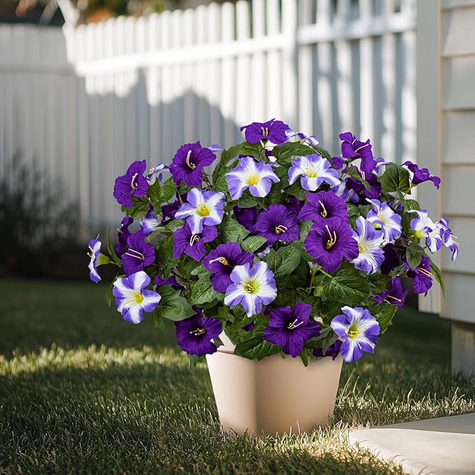 19 Inch Artificial Fake Flowers for Outdoor,4 Pcs Purple Faux Silk Petunias Spring Flowers for Outside for Indoor Porch Planter Front Door Garden Patio Window Box Home Decor