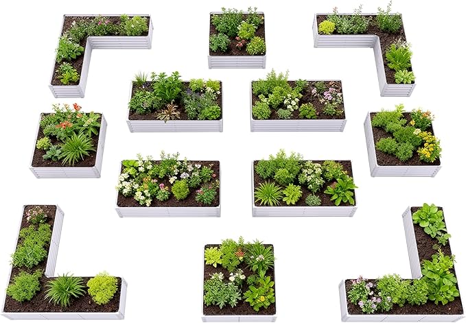 A ANLEOLIFE 12-Piece 18 Inch Tall Raised Garden Beds Kit, L-Shaped, Square & Rectangular Metal Planters for Flexible Backyard Layouts, Antique White