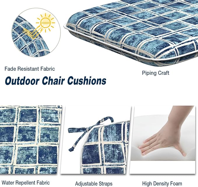 Outdoor Chair Cushions Set of 2, Water Resistant Patio Chair Pads with Ties, Seat Cushions for Home Garden Furniture Decoration, 16"x17", Denim Blue Checkered
