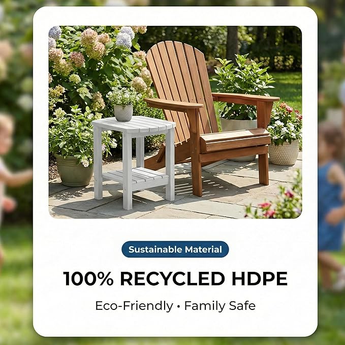 PASAMIC 2-Tier Adirondack Oval Outdoor Side Table, HDPE Small Outdoor Table, Patio End Table for Patio, Backyard, Weather-Resistant (White)
