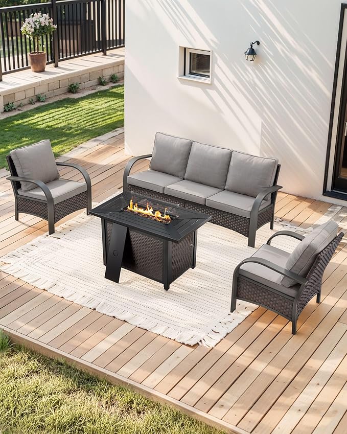 HUMMUH Wicker Patio Furniture Set with Fire Pit-Outdoor Wicker Chairs Set of 2 with Outdoor Patio Couch Outdoor Furniture Sets for Deck Porch Garden Poolside Backyard-Brown/Grey