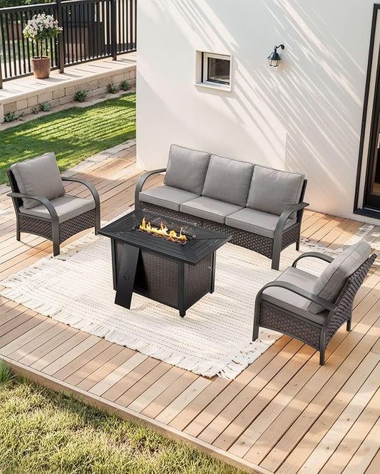HUMMUH Wicker Patio Furniture Set with Fire Pit-Outdoor Wicker Chairs Set of 2 with Outdoor Patio Couch Outdoor Furniture Sets for Deck Porch Garden Poolside Backyard-Brown/Grey