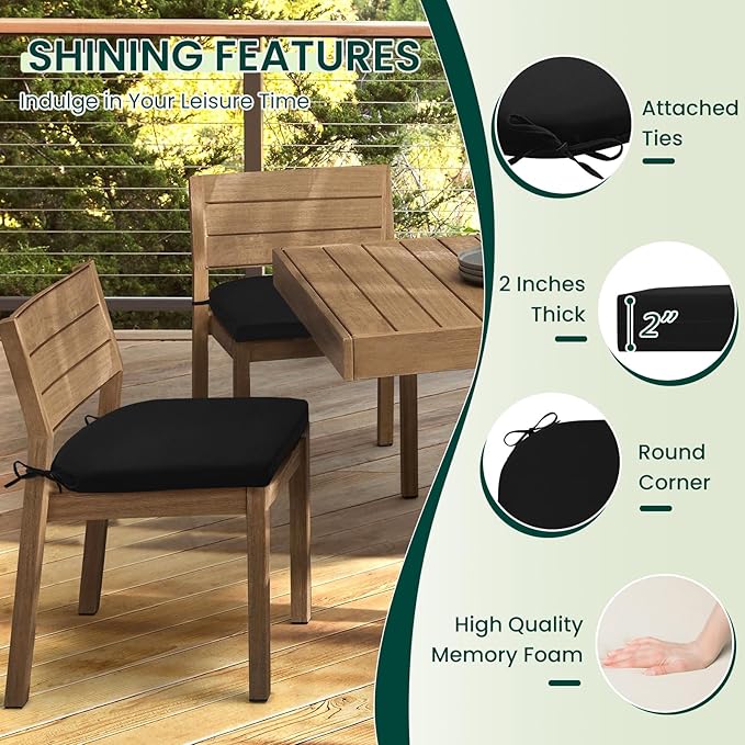 HARBOREST Outdoor Chair Cushions Set of 4, Water Resistant Patio Chair Cushions with Ties, Outdoor Seat Cushions for Patio Furniture, 17"x16"x2", Black
