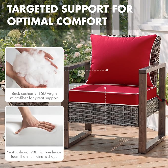 MIULEE Red Outdoor Seat Cushion 22x22 Inch Waterproof & 3 Year Fade Resistant Deep Seat and Back Cushion for Patio Furniture Chair Sofa Couch with Handle and Adjustable Straps
