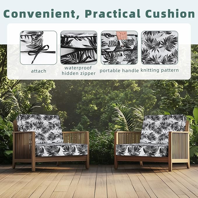 Favoyard Deep Seat Patio Cushion 22 x 22 x 3 in Waterproof Seat & Back Cushion Set with Color Fade Resisitant Pattern, Portable Handle, Attach Straps, Zipper on Removable Cover for Outdoor Furniture