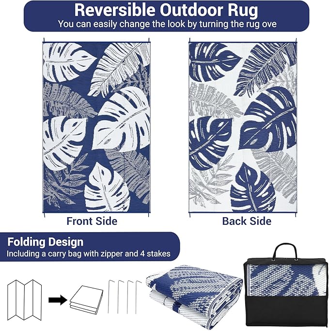 COZYLOOM Outdoor Patio Rug 8x10 Waterproof Plastic Straw Rug Reversible UV Resistant Camping Mat, Foldable Lightweight RV Picnic Mat with Portable Bag, Modern Outdoor Carpet for Yard, Blue