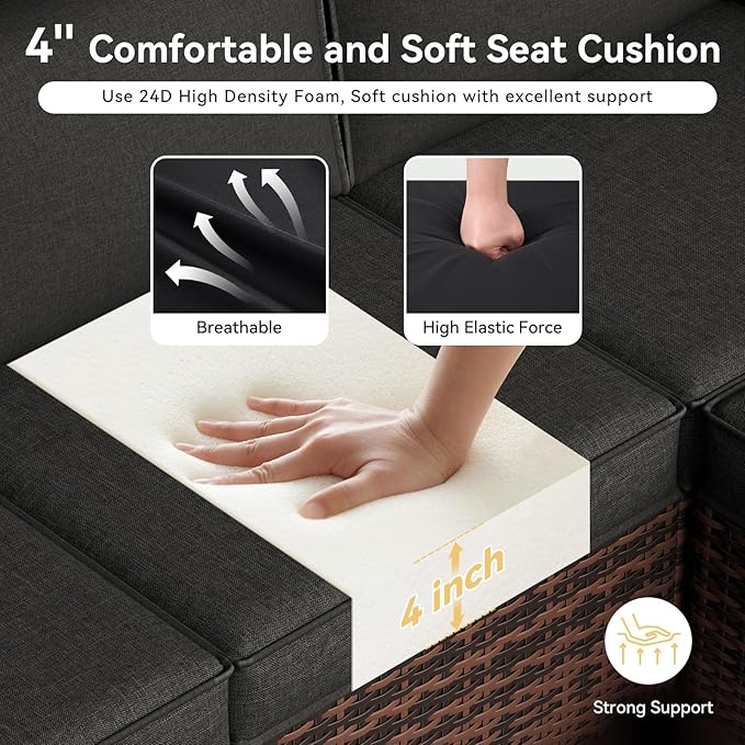 Replacement Cushions for Outdoor Furniture, 7-Piece Outdoor Cushions for Patio Furniture, Deep Seat, Waterproof & Fade Resistant Couch Cushion for 4-Seat Patio Conversation Sets, Black