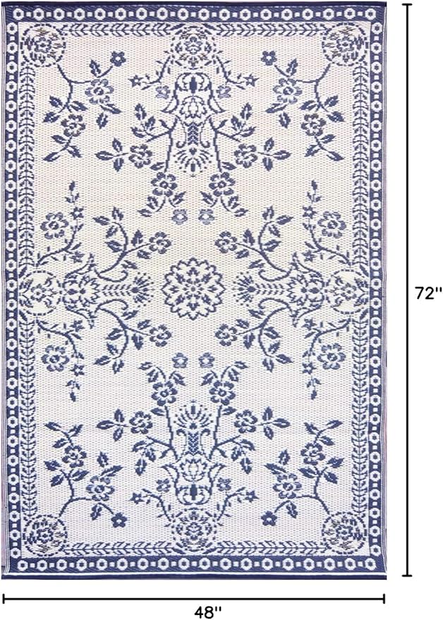 Mad Mats Outdoor Rug, Reversible Plastic Mat for Patio, Porch, Deck, Kitchen & Bath, Garland, 4' x 6', Blue White