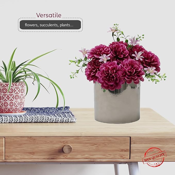 WGVI Silver Ceramic Cylinder Vase Width 5.5" Height 5", Flower Arrangements, Candle Holder, Terrarium Planter Pot, Storage Container Organizer, Pen Brush Holder, Smooth Silver Tabletop Decor, 1 Pc