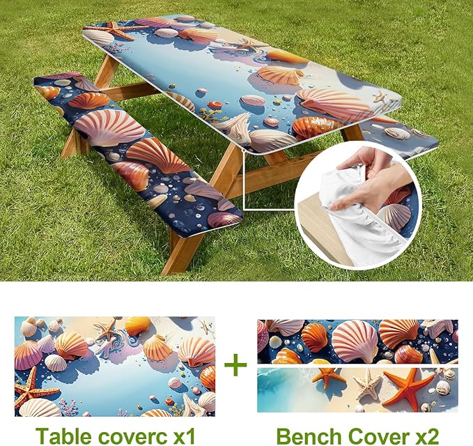 Coastal Picnic Table Cover with Bench Covers Set of 3 - Ocean Theme with Starfish & Shells Print, Elastic Fitted Tablecloth for 6 Ft Tables, Washable Polyester Cover for Patio, Indoor & Outdoor