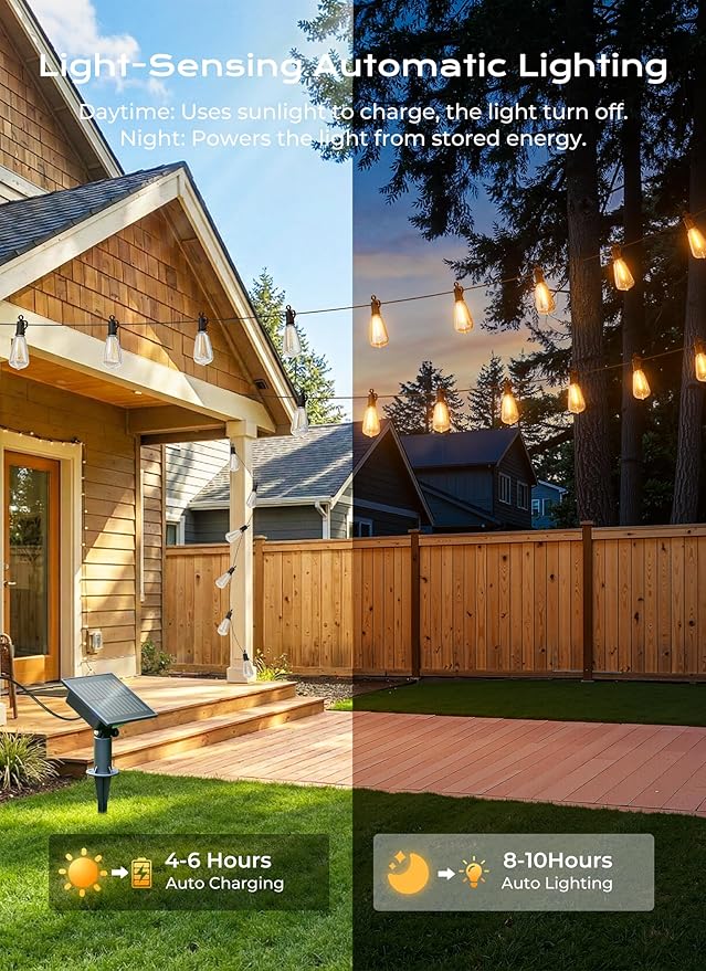 Brightown 108FT Solar String Lights Outdoor Waterproof, Patio Lights with Remote and 50+2 LED Shatterproof Bulbs, Dimmable & Timable, 3 Light Modes, Solar Lights Outdoor for Yard Camping Party Outside