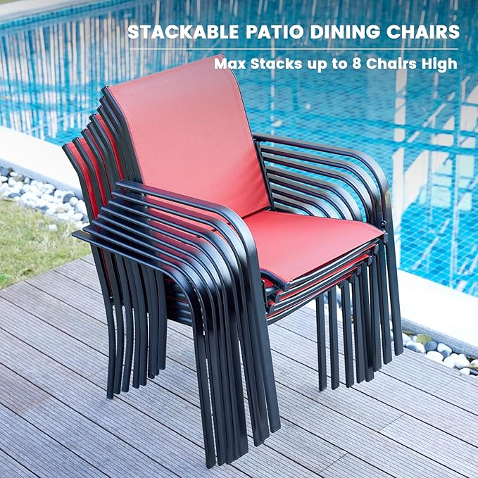 VICLLAX Patio Stackable Dining Chairs Set for 6, Outdoor Sling Chairs with Metal Frame for Front Porch Balcony Backyard Garden and Deck, Red