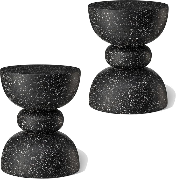 Glitzhome Decorative Patio Side Table Set of 2, 17.5" H Heavy Duty Patio Sturdy Black Faux Terrazzo Garden Stool Side Table Planter Stand for Indoor Covered Outdoor