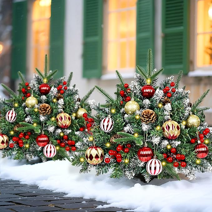 2 Pack Christmas Urn Filler, 24" Prelit Planter Bushes Outdoor Christmas Tree with 50 LED Lights, Pine Cones, Red Berries & Christmas Balls for Front Porch Pathway Yard Decorations