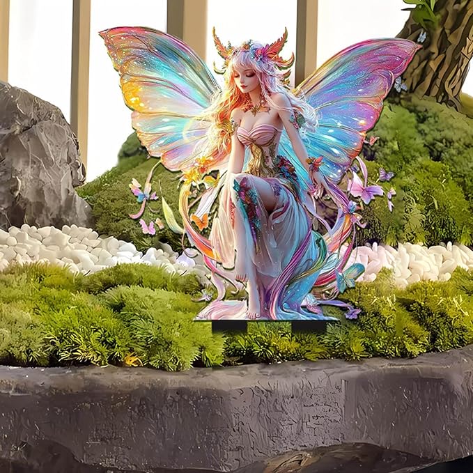 JOYO 11.8''Bohemian Fairy Flower Pot Decoration,Fairy Garden Planter Accessories,2D Acrylic Ground Plug,Fairy Pumpkin Angel Garden Stake for Pot Plants and Garden Yard Lawn Décor (P18)