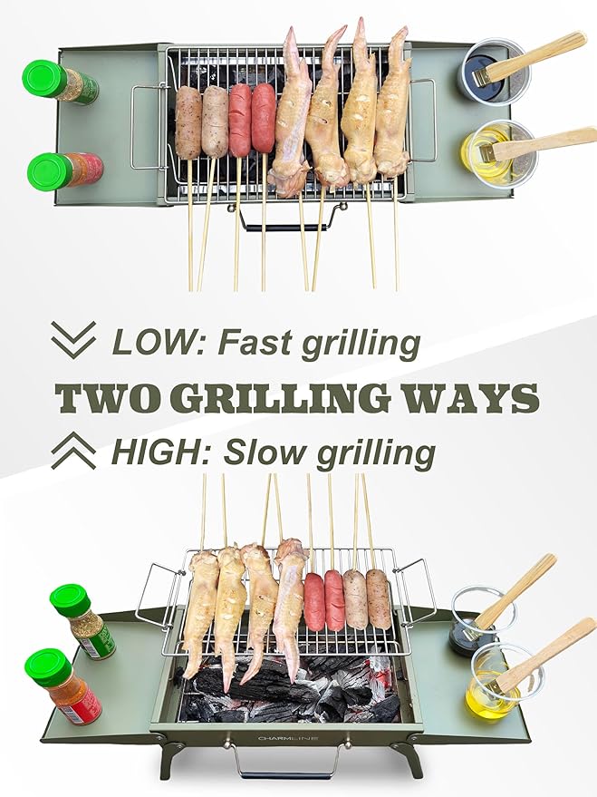 Charmline 14x9 inches Small Portable Charcoal Grill, Christmas Gift for Outdoor Enthusias, Tabletop Charcoal Grills for Camping, Picnics, Gardens and Beach Parties, Green