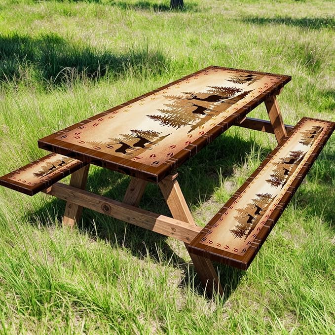 30X72 Inch Brown Deer Picnic Table Cover with Bench Cover and Drawstring Bag, Waterproof Washable Fitted Outdoor Tablecloth Rectangular Elastic Edged for Camping Outdoor Travel, 3 Pieces Set