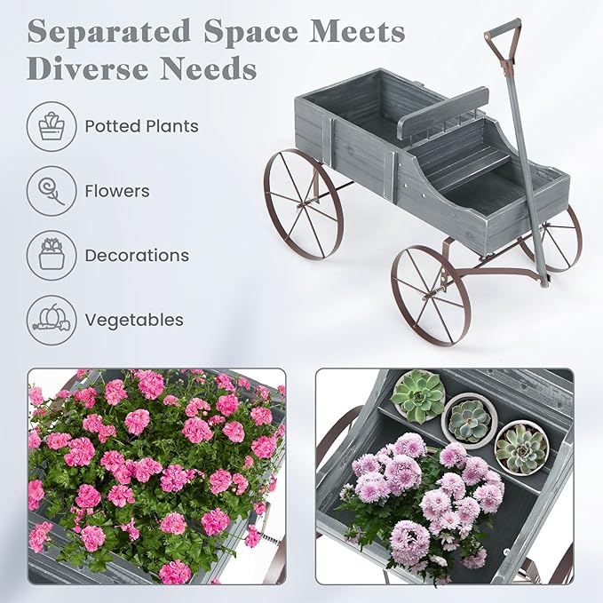 Wooden Wagon Planter with Wheels, Indoor/Outdoor Flower Cart w/Dual-Compartment & Adjustable Handle, Decorative Garden Planter for Home, Yard, Wedding (Grey)