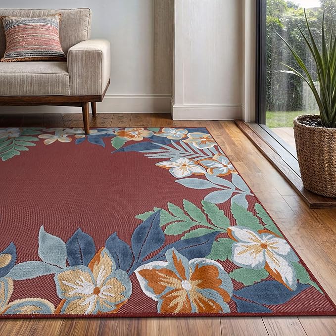 Outdoor Rug 6x9 Washable Area Rugs Indoor Outdoor Carpets Red Border Floral Non Shedding Waterproof Easy Clean Patio Deck Porch Living Room Bedroom Garden RV (6 X 9 Red)