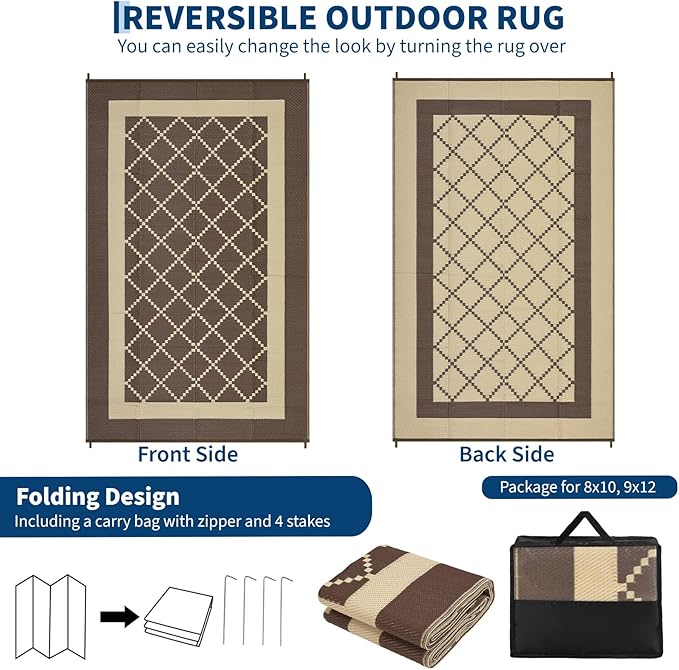 COZYLOOM Waterproof Outdoor Rug for Patio 9x12 Reversible Outdoor Plastic Straw Rug, UV Resistant & Easy to Clean Modern Carpet, RV Mat for Deck, Balcony, Camping, Beach, Picnic, Brown&Coffee