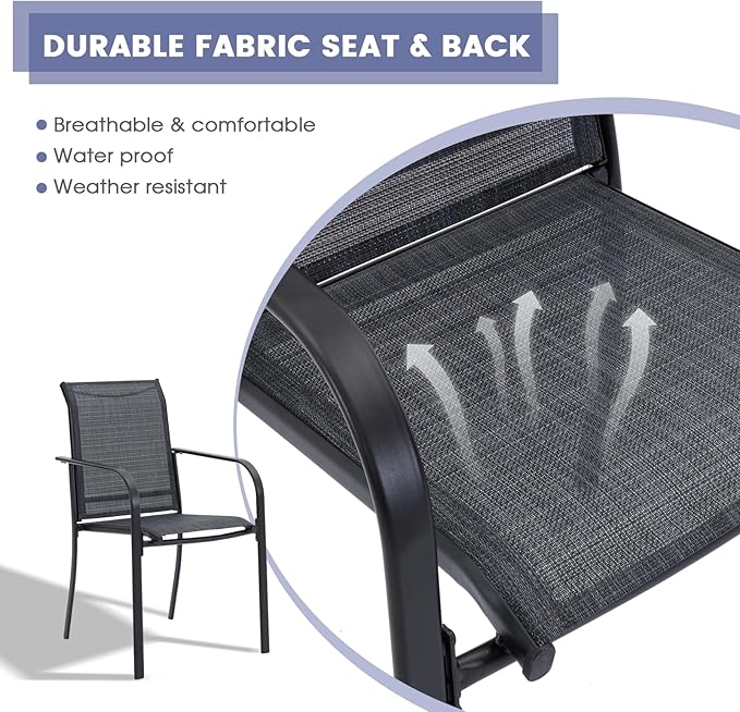 VICLLAX Patio Stackable Dining Chairs Set for 6, Outdoor Sling Chairs with Metal Frame for Front Porch Balcony Backyard Garden and Deck, Black Grey
