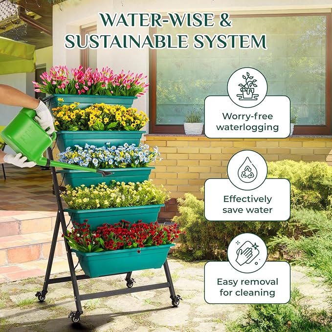 IDZO 5-Tier Vertical Raised Garden Bed with 4 Lockable Caster Wheels, Sturdy Steel Vertical Garden Planter with Efficient Drainage Tray, Ergonomic Ladder Planter with Included Garden Tools, Green