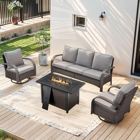 HUMMUH Patio Furniture Set with Fire Pit-Outdoor Swivel Glider Rocking Chair with Patio Sofa Outdoor Conversation Furniture for Deck Porch Garden Poolside Backyard-Brown/Grey