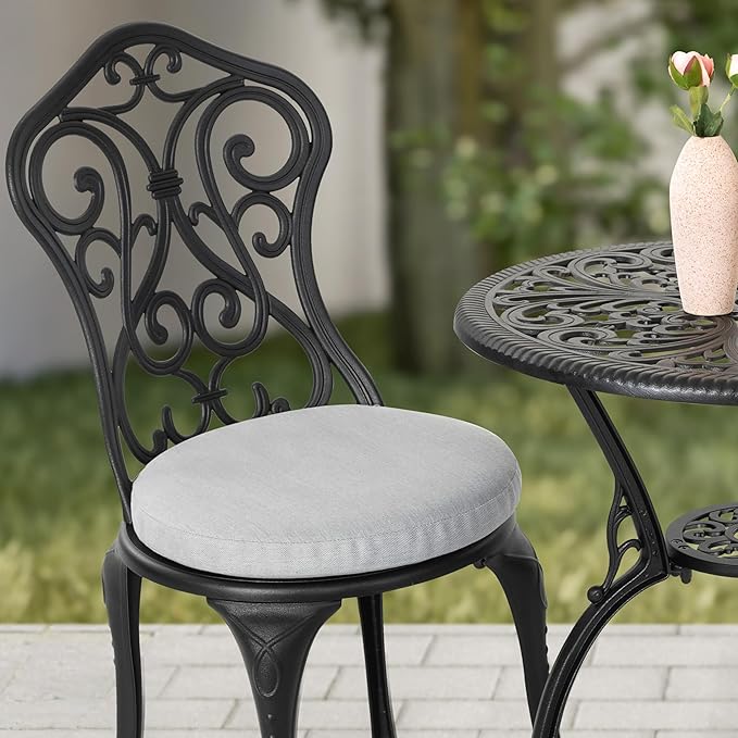 NUU GARDEN 3 Pieces Patio Bistro Set, Outdoor Bistro Set with 2 Chairs, Round Table with Umbrella Hole, Outdoor Bistro Set with Umbrella Hole and Grey Cushions, Black