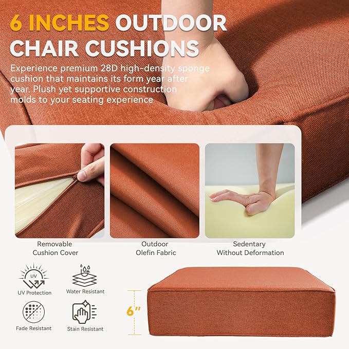 Outdoor Cushion Set for Patio Furniture, UV Resistant, Water Resistant - 6 Inch Thick Dual Layer Back Support Cushions– 24x24 Inch Patio Seat Covers for Chair/Sofa/Couch | Orange | 2-Pack |