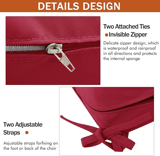 Outdoor Chair Cushions 18.5x16 Inch Water Resistant Patio Chair Cushions with Tie 3 Year Color Fastness Thick Outdoor Seat Cushion for Patio Furniture Burgundy Set of 4