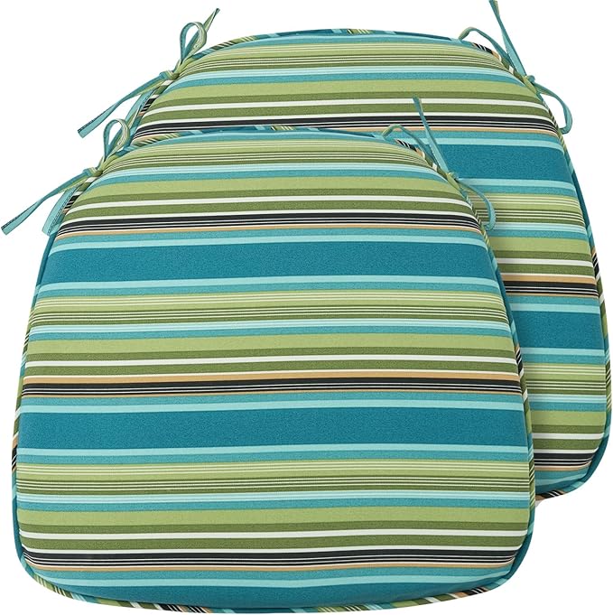 Outdoor Chair Cushions Set of 2,Patio Seat Cushion 17"x16"x2",U-Shaped Dining Chair Cushion 17 by 16 Inch,Water Resistant,Fade-Resistant Chair Pads for Kitchen Garden Furniture(Green Stripe)