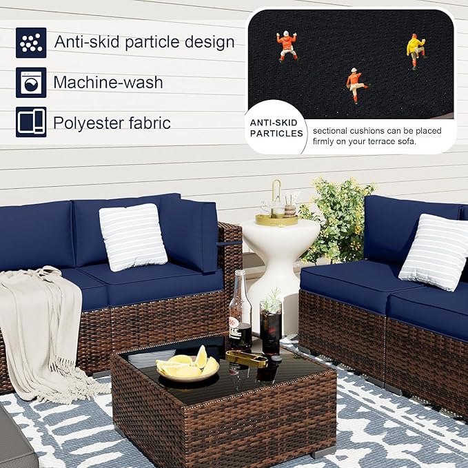 Patio Sectional Cushions, 14-Piece Replacement Cushions for Outdoor Furniture, Water-Resistant Outdoor Sofa Cushion for 6-Seat Rattan Wicker Sectional Conversation Sets (Navy Blue111)