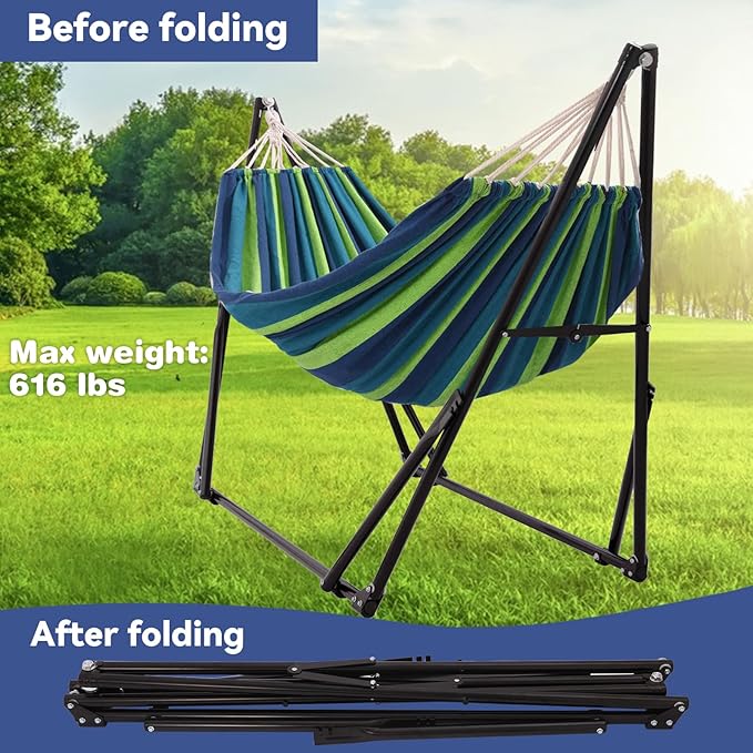 Hammock with Foldable Steel Stand,Frabic Tension Adjustable,Carrying Bag Included, 616 lbs Weight Capacity, Portable Suitable for Outside Garden Yard Outdoor Inhouse Cyan