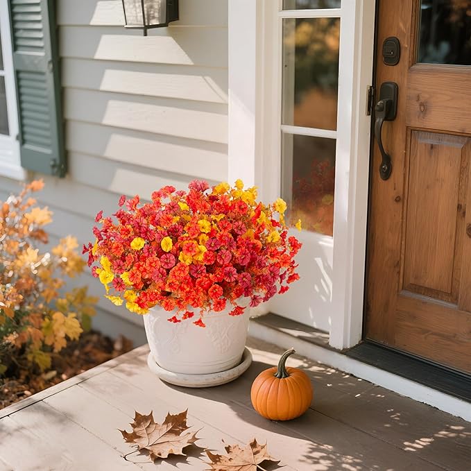 Fake Fall Flowers Artificial for Decoration, 12 Bundles Faux Plants Silk Orange Flowers Morning Glory Petunias Realistic UV Resistant for Outdoors Planter Porch Patio Window Box, Orange Yellow