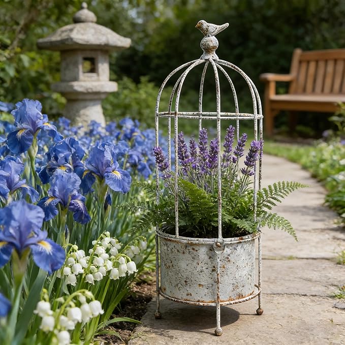 Rustic Iron Birdcage Planter Stand Vintage Metal Planter Holder Distressed Decorative Flower Pot with Latch Lock Closure for Climbing Plants Garden Patio Balcony Outdoor Indoor Decor (styel#2)