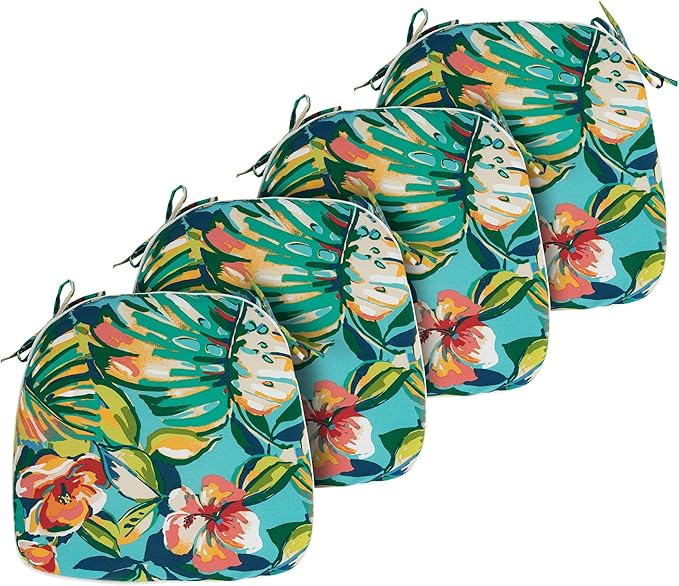 FUNHOME 17"x16"x2" Outdoor Chair Cushions Set of 4, Water Resistant Patio Chair Pads with Ties, Seat Cushions for Home Garden Furniture Decoration-Rosario Flower Leaf