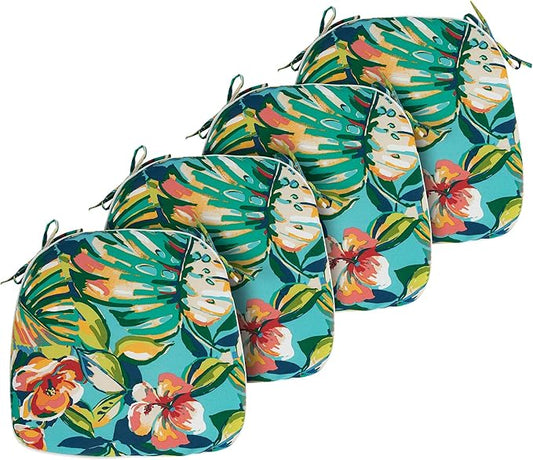 FUNHOME 17"x16"x2" Outdoor Chair Cushions Set of 4, Water Resistant Patio Chair Pads with Ties, Seat Cushions for Home Garden Furniture Decoration-Rosario Flower Leaf