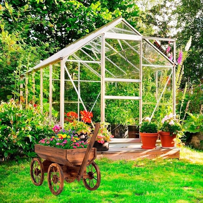 Wood Wagon Planter for Outdoor Balcony Decor - Garden Rustic Wooden Flower Cart with Wheels for Outside - Garden Decor - Amish Decorative Indoor - Wheelbarrow Planter for Patio