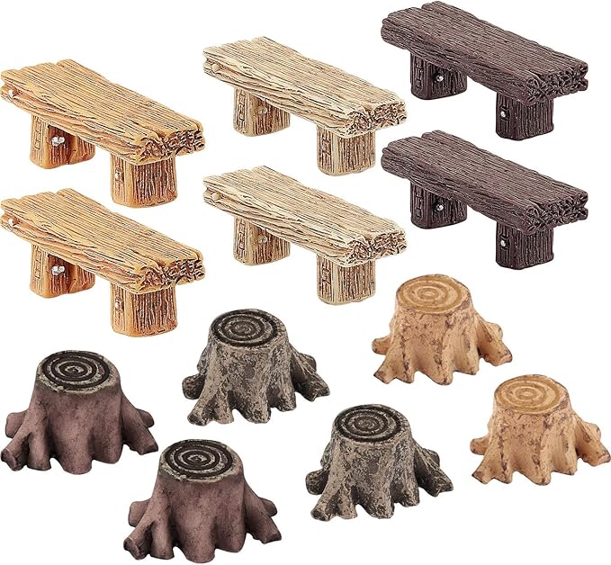Skylety 12 Pieces Miniature Garden Ornaments, Includes 6 Pieces Retro Wooden Style Benches, 6 Artificial Mini Root Stump for Moss Terrariums Landscape Accessories Decorations