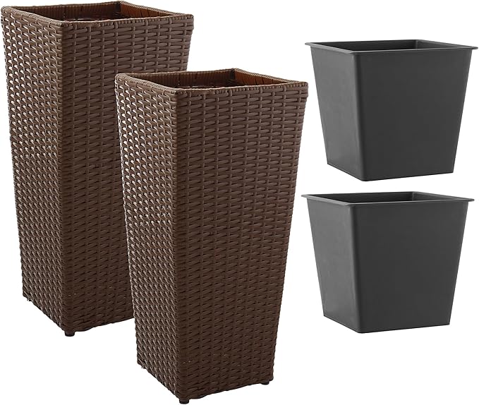 Casafield Set of 2 All-Weather Outdoor Planters with Liners, Tall Tapered Plant Boxes with Flower Pots for Front Porch, Patio, Garden - Espresso