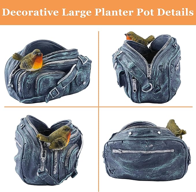 8.5"Denim Bag Bird Succulent Plant Pots,Resin Planter Flower Pots with Drainage Hole,Planting Pots for Cactus,Succulent Planters for Indoor Plants Home Garden Flower Pot Gifts for Plant Lovers