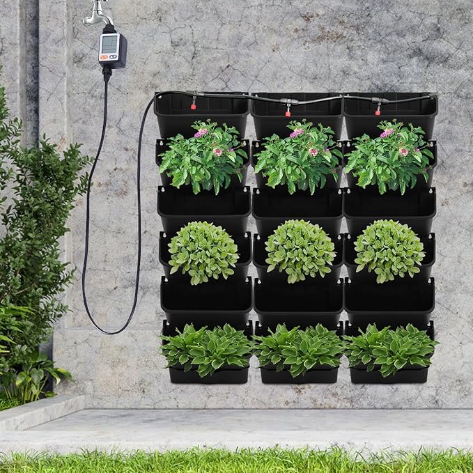 18 Pots Vertical Garden Wall Planter, Self-Watering Vertical Plant Wall Mounted Flower Pots with Timer & Drain Hose, Plant Vegetable Hanging Pocket Holder (Black)